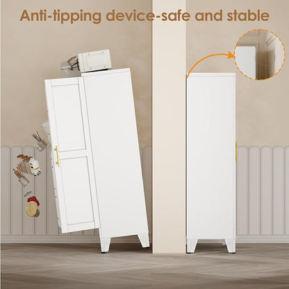 PAOFIN 47" Kitchen Pantry Cabinet, Metal Storage Cabinet with 3 Adjustable Layer Shelves, 8 Door Shelves, Buffet Sideboard for Living Room, Kitchen, White