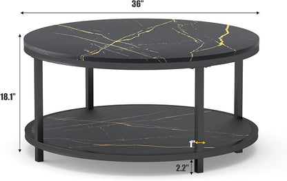 WiberWi Round Coffee Table Black Coffee Tables for Living Room 35.8" Faux Marble Top Circle Table Furniture Sturdy Metal Frame Legs Cocktail Table with Storage Open Shelf
