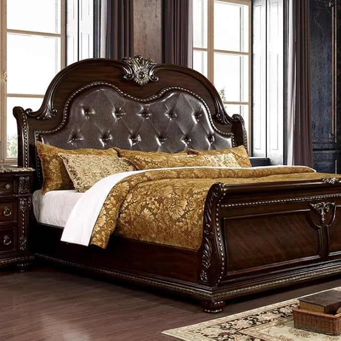 First of a Kind Fromberg 5 Piece Queen Size Bedroom Furniture Set in Brown Cherry - Traditional Leatherette Camelback Bed with Marble Top Bedroom Collection