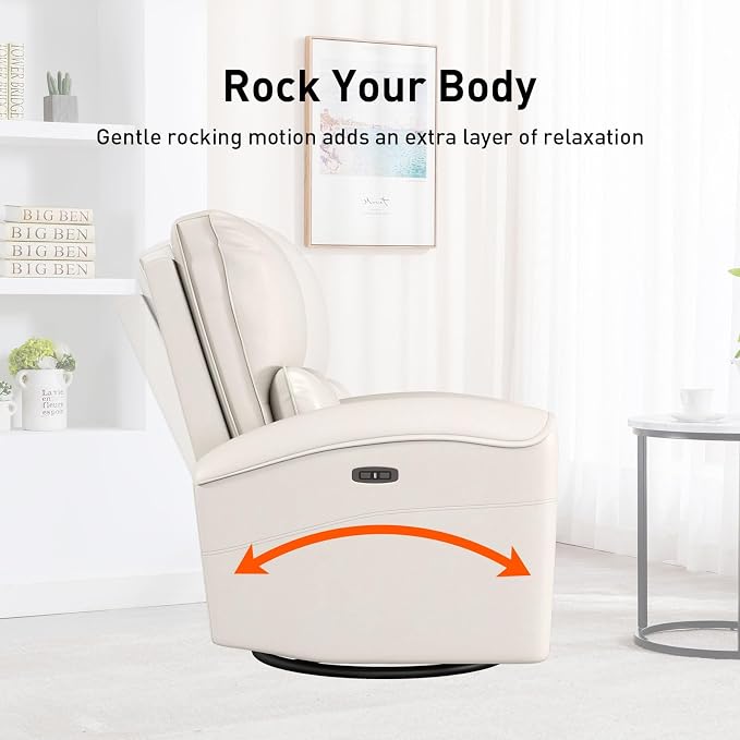 Bonzy Home Power Swivel Rocker Recliner Chair with USB Port, 23.2" Wide Seat, Fixed Lumbar Support, Upholstered Glider Chair for Nursery Living Room, Beige