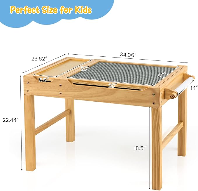 Costzon Kids Table, 3 in 1 Wood Building Block Desk w/Storage, Paper Roll, Reversible Tabletop for Toddler Arts, Crafts, Drawing, Reading, Playing, Gift for Boys Girls, Activity Table (Natural)