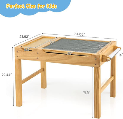 Costzon Kids Table, 3 in 1 Wood Building Block Desk w/Storage, Paper Roll, Reversible Tabletop for Toddler Arts, Crafts, Drawing, Reading, Playing, Gift for Boys Girls, Activity Table (Natural)