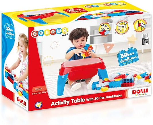 DOLU Activity Table with 30 Pcs Jumbo Building Blocks and Storage, Multi-Use Sensory Play Desk for Kids and Toddlers Age 12+ Months - Red/Blue