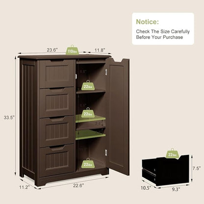 Gizoon Small Kitchen Pantry with Door and Shelves, 33'' Pantry Storage Cabinet Freestanding Wooden Bathroom Storage Cabinet with 4 Drawers for Kitchen and Dining Room, Dark Brown, Painted