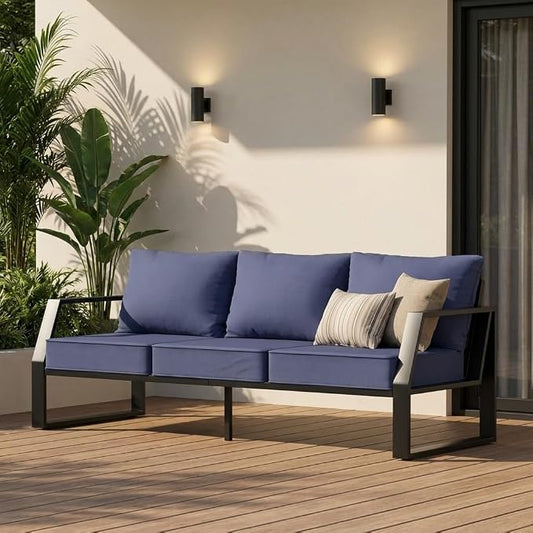 Oversized Outdoor Modern Patio Sofa for 3, 5" Thick Cushions, Deep Seat & Wide Armrests, Comfortable Aluminum All-Weather Rustproof UV-Resistant Frame for Garden, Backyard, Porch