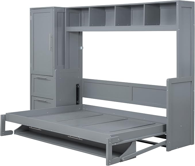 Merax Full Size Murphy Bed, Wall with Closet and Drawers, Storage Space Saving Muti-Functional Beds Frame for Home Office Guest Room, Gray