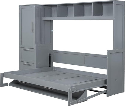Merax Full Size Murphy Bed, Wall with Closet and Drawers, Storage Space Saving Muti-Functional Beds Frame for Home Office Guest Room, Gray