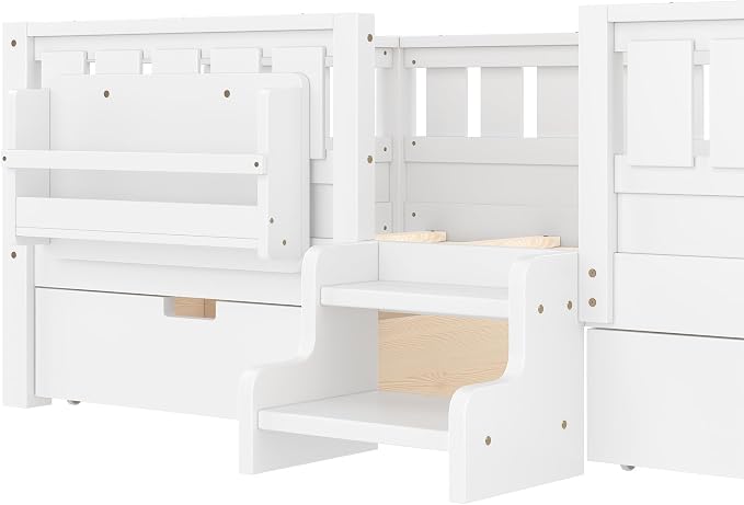 Bellemave Twin Bed with Storage Drawers & Bookshelf, Low Profile Kids Bed Frame with Staircase & Full Length Guardrails, Solid Wood Twin Bed for Kids with Slats Load 300LBS, Easy Assembly, White