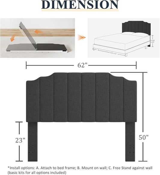 Befurtori Queen Size Headboard Only, Linen Wall Mounted Headboard Queen/Full Size for Adjustable Bed, Modern Vertical Channel Design with Curved Tufted Upholstered Head Board, Dark Gray