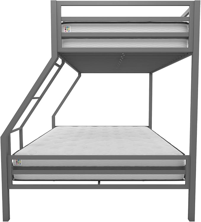Novogratz Maxwell Metal Bunk Bed Frame for Kids and Teens, with Angled Ladder, High Guardrail and Metal Slats, No Boxspring Required, Underbed Storage Space, Twin-Over-Full, Gray
