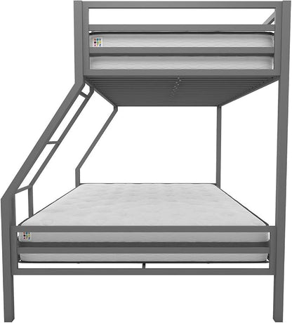 Novogratz Maxwell Metal Bunk Bed Frame for Kids and Teens, with Angled Ladder, High Guardrail and Metal Slats, No Boxspring Required, Underbed Storage Space, Twin-Over-Full, Gray