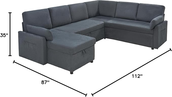 PaPaJet Sofa Bed, 112 Inch Sleeper Sofa, Oversized U Shaped Couch with Storage Chaise, Pull Out Couch for Living Room, Chenille Gray