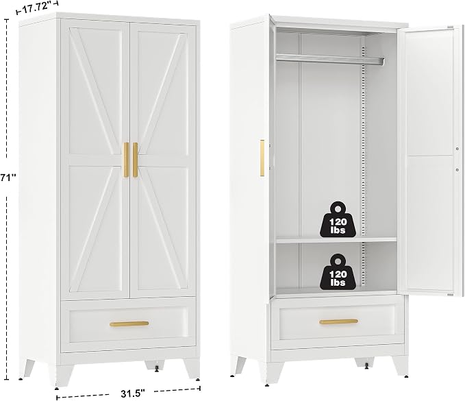 QINPTWUT 71" Tall Metal Wardrobe with Doors, Hanging Rod & Adjustable Shelf, Freestanding Steel Armoire for Bedroom Home Office, 1-Drawer White
