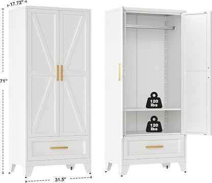 QINPTWUT 71" Tall Metal Wardrobe with Doors, Hanging Rod & Adjustable Shelf, Freestanding Steel Armoire for Bedroom Home Office, 1-Drawer White