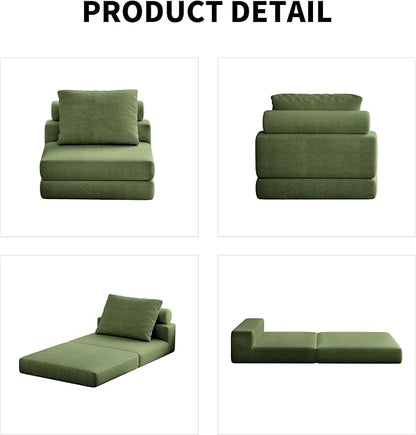Folding Sofa Bed, 3-in-1 Convertible Sleeper Chair Bed with Pillows, Foldable Floor Couch with High-Density Foam, Futon Small Boneless Couch for Living Room Bedroom Lounge, Single, Green