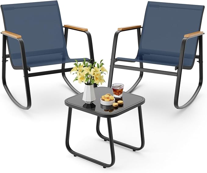 Aiho 3 Piece Rocking Bistro Set, Textilene Fabric Patio Furniture Set, Front Porch Rocker Chairs with Coffee Table for Lawn, Garden, Balcony, Poolside (Blue)