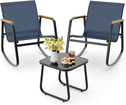 Aiho 3 Piece Rocking Bistro Set, Textilene Fabric Patio Furniture Set, Front Porch Rocker Chairs with Coffee Table for Lawn, Garden, Balcony, Poolside (Blue)