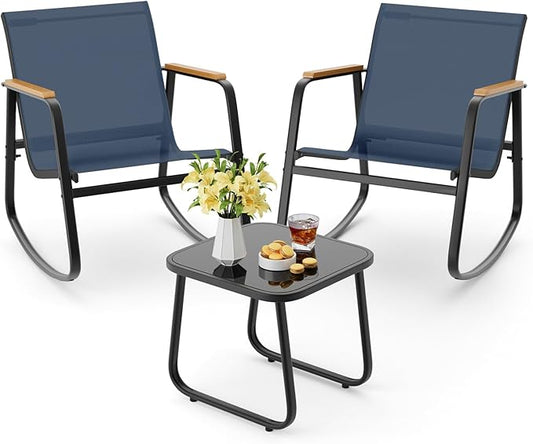 Aiho 3 Piece Rocking Bistro Set, Textilene Fabric Patio Furniture Set, Front Porch Rocker Chairs with Coffee Table for Lawn, Garden, Balcony, Poolside (Blue)