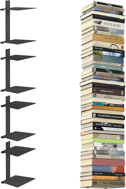 Mefirt Invisible Floating Bookshelves for Wall, 8 Tier Vertical Spine Book Tower, Heavy Duty Floating Book Shelves Metal Book Organizers for Home Office, 4 Pack(Black)