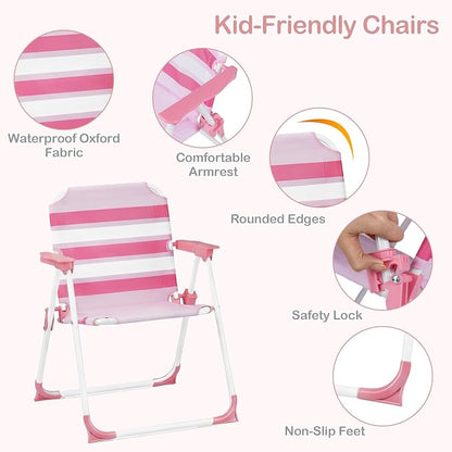 Olakids Kids Picnic Table, Outdoor Toddler Patio Furniture Set with 2 Folding Chairs Adjustable Foldable Umbrella for Garden Backyard Beach (Pink)
