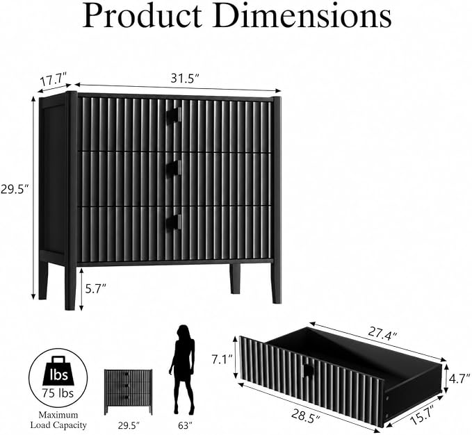 Furniway 31.5" Wide Black 3 Drawer Nightstand, Modern Fluted Bedside Table with Metal Handles, Large Storage End Table for Bedroom
