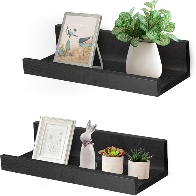 Muzilife 12" Small Floating Wall Ledge Shelves with Lip - Set of 2 Wood Floating Shelves - Black Wall Mounted Picture Ledge for Office, Bathroom, Bedroom, Living Room, Kitchen