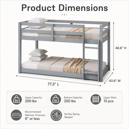 Twin Over Twin Bunk Bed, Low Profile Wooden Frame for Kids Bedroom, Floor Bunk with Ladder and Guardrails, Rubber Wood Construction, 13 Plywood Slats, No Box Spring Needed (Grey)