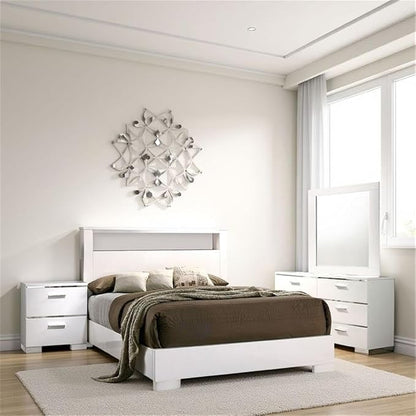 Pemberly Row 4 Pc Queen Bedroom Set, Solid Wood and Veneer, High Gloss White Finish, LED Headboard with Shelf, Chrome Accents, Includes Nightstand, Dresser, Mirror, Modern Bedroom Furniture