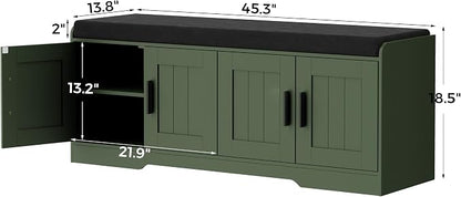 Homleke 2-Tier Storage Bench, Shoe Bench with Thickened Padded Seat Cushion, Entryway Bench with 4 Doors, Adjustable Shelf, 13.8" D x 45.3" W x 18.5" H, for Entryway, Living Room, Bedroom, Green
