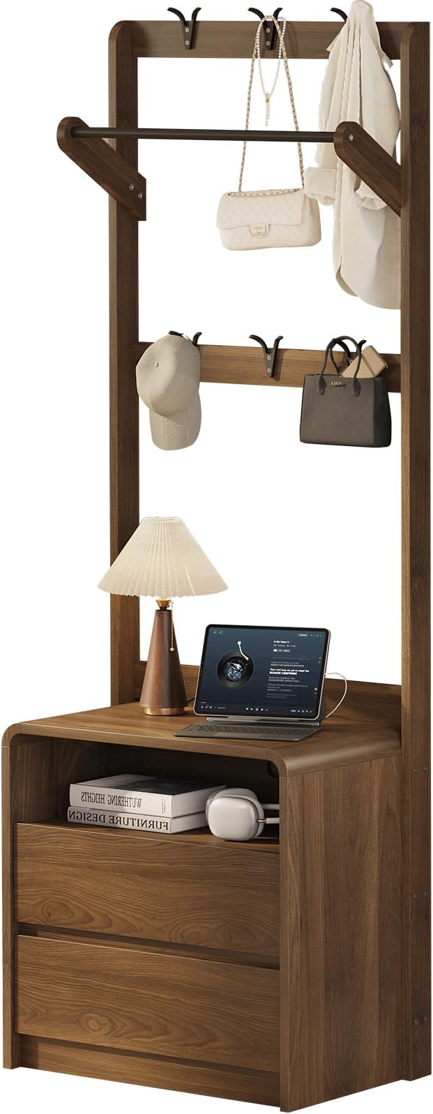 Messenya Mid Century Modern Bedroom Nightstand with Clothes Rack and Hooks | Bedside Table with Hanging Rod, 6 Storage Hooks, Charging Station, Dual Drawers, Rounded Corner, Open Shelf, Walnut Finish