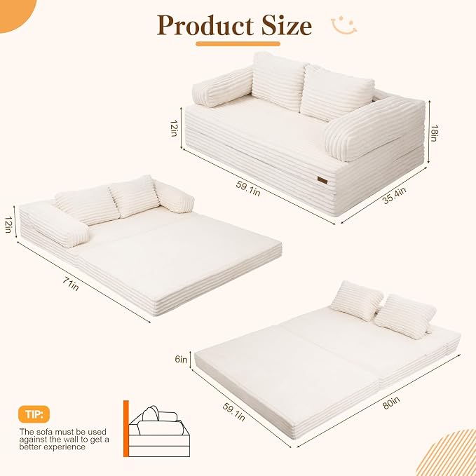 MeMoreCool Convertible Sofa Bed, Folding Floor Couch Bed Queen, Pull Out Sleeper Couch with Pillows, Fold Out Futon Sofa for Bedroom Living Room Small Space, Corduroy Beige