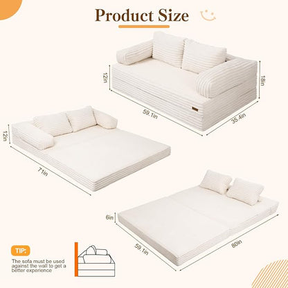 MeMoreCool Convertible Sofa Bed, Folding Floor Couch Bed Queen, Pull Out Sleeper Couch with Pillows, Fold Out Futon Sofa for Bedroom Living Room Small Space, Corduroy Beige