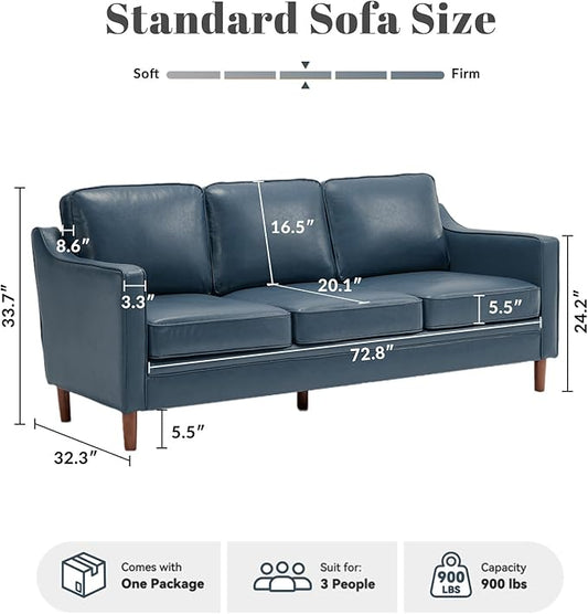 Kingfun 80" Faux Leather Sofa, 3 Seater Couch, Mid Century Modern Couches with Solid Wood Legs for Living Room Bedroom
