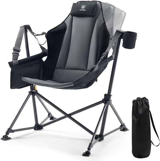 EVER ADVANCED Padded Oversized Hammock Camping Chair, Compact Heavy Duty Swing Chair with Multi-Storage Pockets, Portable Folding Rocking Camping Chair, Support Up to 400lbs, Black