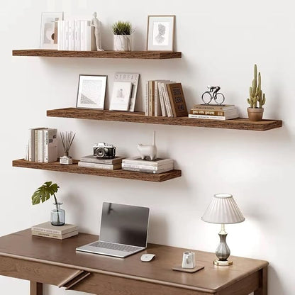 Vivelove 10 Inch Deep Floating Shelves 24 inch Long, 24 x 10 Wide Wall Shelves with Invisible Brackets, for Bedroom Bathroom Living Room Kitchen Office, Farmhouse Home Decor, Set of 2, Rustic Brown