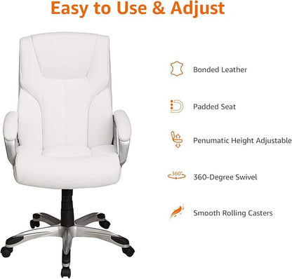 Amazon Basics Executive High Back Office Desk Chair, Adjustable Height, Tilt, Swivel, 275lb Capacity, Bonded Leather, White/Pewter