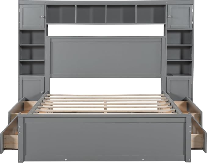Merax Queen Size Wooden Bed with All-in-One Cabinet, Gray Platform Bed Frame with 4 Drawers, Shelf and Sockets
