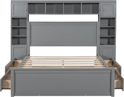 Merax Queen Size Wooden Bed with All-in-One Cabinet, Gray Platform Bed Frame with 4 Drawers, Shelf and Sockets