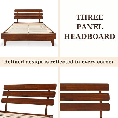Bme Caden Queen Bed Frame and Adjustable Headboard, 15 Inch Mid Century Retro Style - Solid Acacia Wood - No Box Spring Needed - 12 Strong Wood Slat Support - Easy Assembly - Dark Chocolate