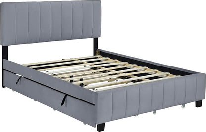 Ball & Cast Queen Bed Frame with Channel Tufted Headboard,Velvet Upholstered Platform Bed Frame Queen Size with 2 Drawers and 1 Twin XL Trundle,Wood Slats Support,No Box Spring Needed,Gray