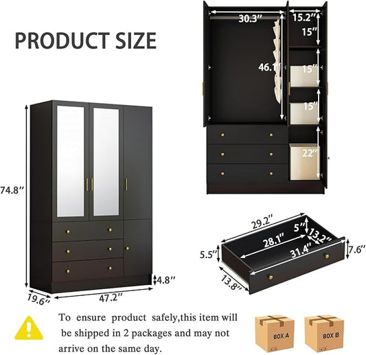 3 Doors LED Armoire Wardrobe Closet with Mirror, 75" Tall Modern Wooden Wardrobe Closet with 3 Drawers, Freestanding Clothing Storage Cabinet with Hanging Rod, Adjustable Shelves, Black