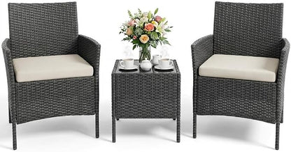 3PCS Outdoor Patio Bistro Set, PE Wicker Armchairs with Coffee Table, Beige