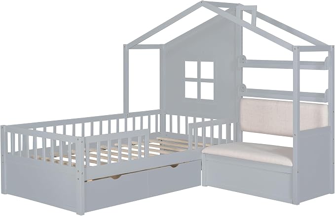 Merax Twin Size House Bed with Upholstered Sofa Seat, Grey Kids Platform Bed with Two Drawers and Storage Shelf, Wood Bed Frame