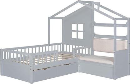 Merax Twin Size House Bed with Upholstered Sofa Seat, Grey Kids Platform Bed with Two Drawers and Storage Shelf, Wood Bed Frame