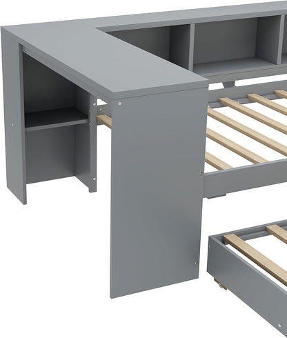 Bellemave Twin Size Corner Bed Frame with Storage Drawers and Desk,Captain Daybed with Bookcase,Corner Bed Frame Twin Size with Trundle for Kids,Teens,Guests,Gray