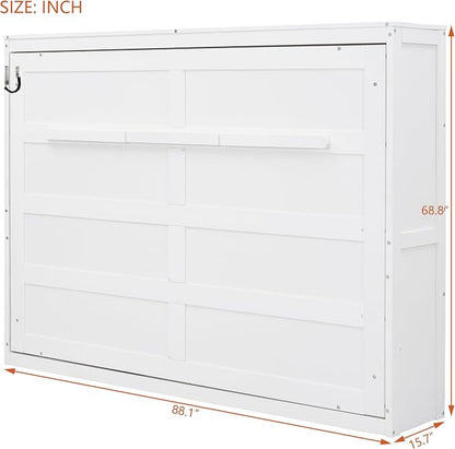 Merax Farmhouse Solid Wood Murphy Bed Chest, Space Saving, Queen,White | Modern Wall Bed with Wood Slat Support/ No Box Spring Needed/ Easy Assemble