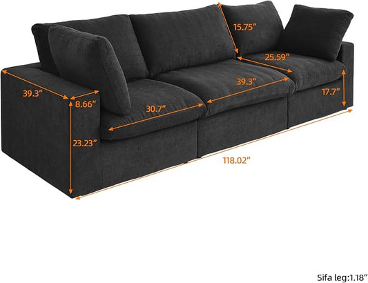 WJShome Cloud Modular Sectional Couch, 120.45" Convertible Couch - 3 Seater for Living Room, Minimalist Deep Sofa, Washable & Replaceable Sofa Covers (Black)