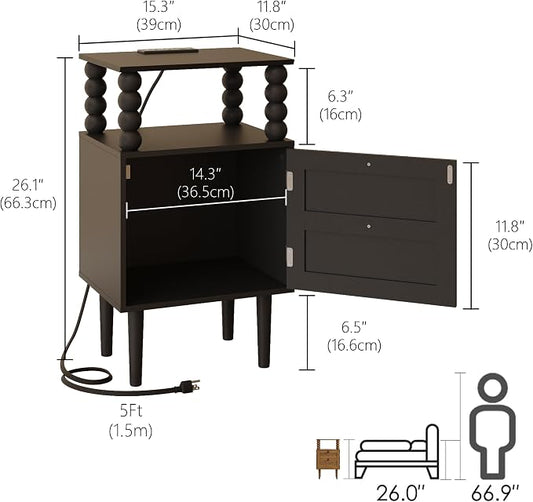 Black Nightstand with Outlet,Storage Drawer and Open Wood Shelf,Wood Legs | Mid-Century Modern Bedside Table for Bedroom and Small Spaces,Easy Assembly Solid Wood Legs