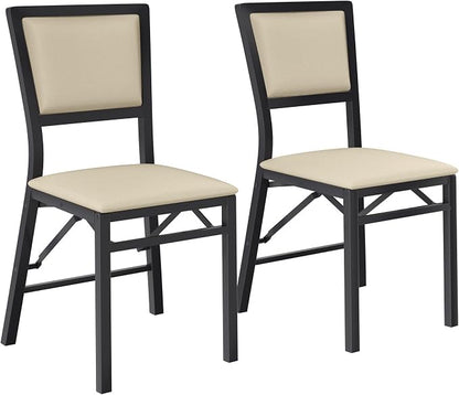 VECELO Folding Dining Chairs Set of 2, Metal Padded Foldable Seating with Comfortable Faux Leather, Space-Saving Portable Guest Seats for Kitchen & Office, No Assembly, Creamy Beige