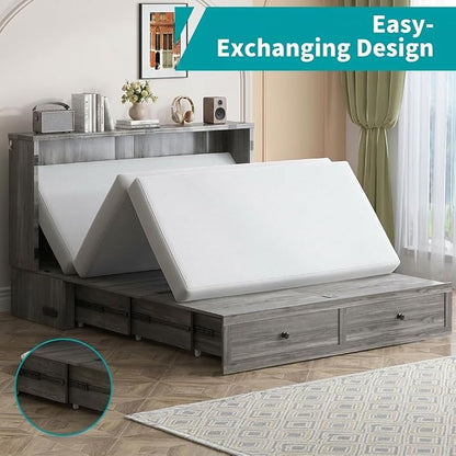BALUS 57" Width Murphy Bed with Mattress, Full Size Cabinet Bed Frame with USB Charging Station & Large Storage Drawer, Full Murphy Bed, Cabinet Beds for Bedroom/Guest, Dark Grey